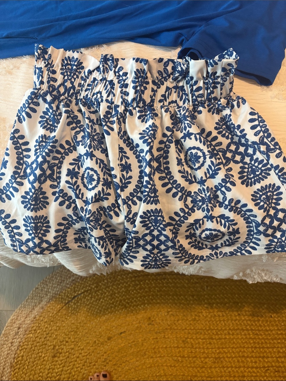 White & Navy Printed Smocked Waist shorts